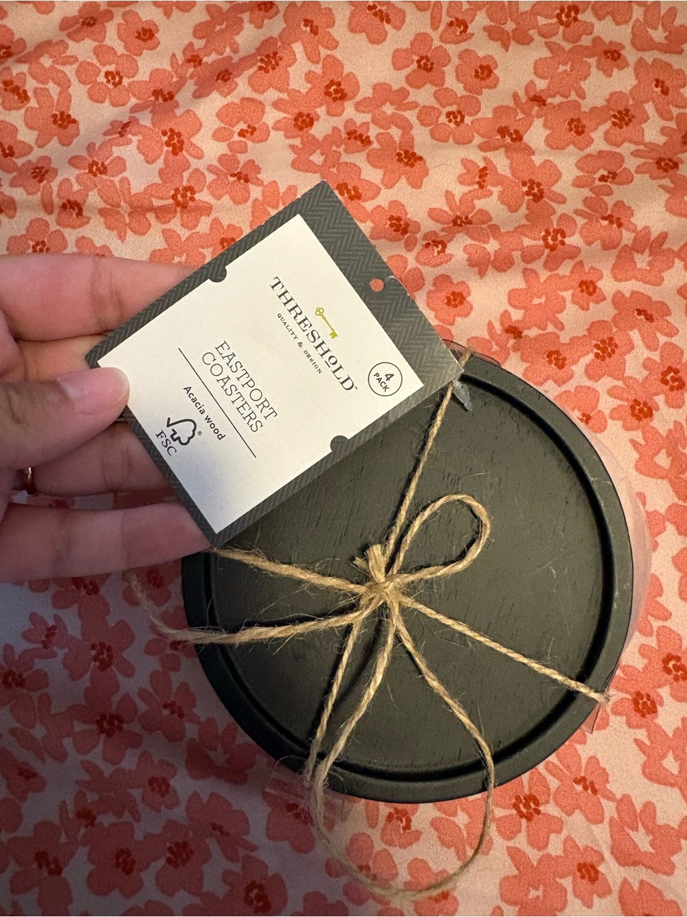 Threshold Black Round Wooden Coaster Set with Jute Tie